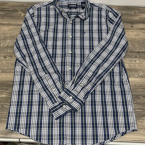 Chaps Men’s Medium Blue White Yellow Plaid Long Sleeve Button Down Stretch Shirt - Picture 2 of 10